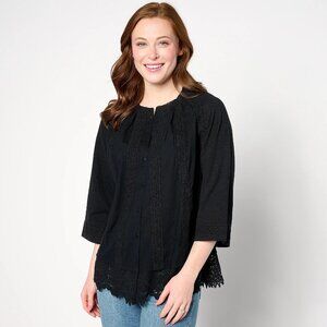 LOGO by Lori Goldstein Woven Button Front Top with Lace Trim - Blk Sz XS a66504